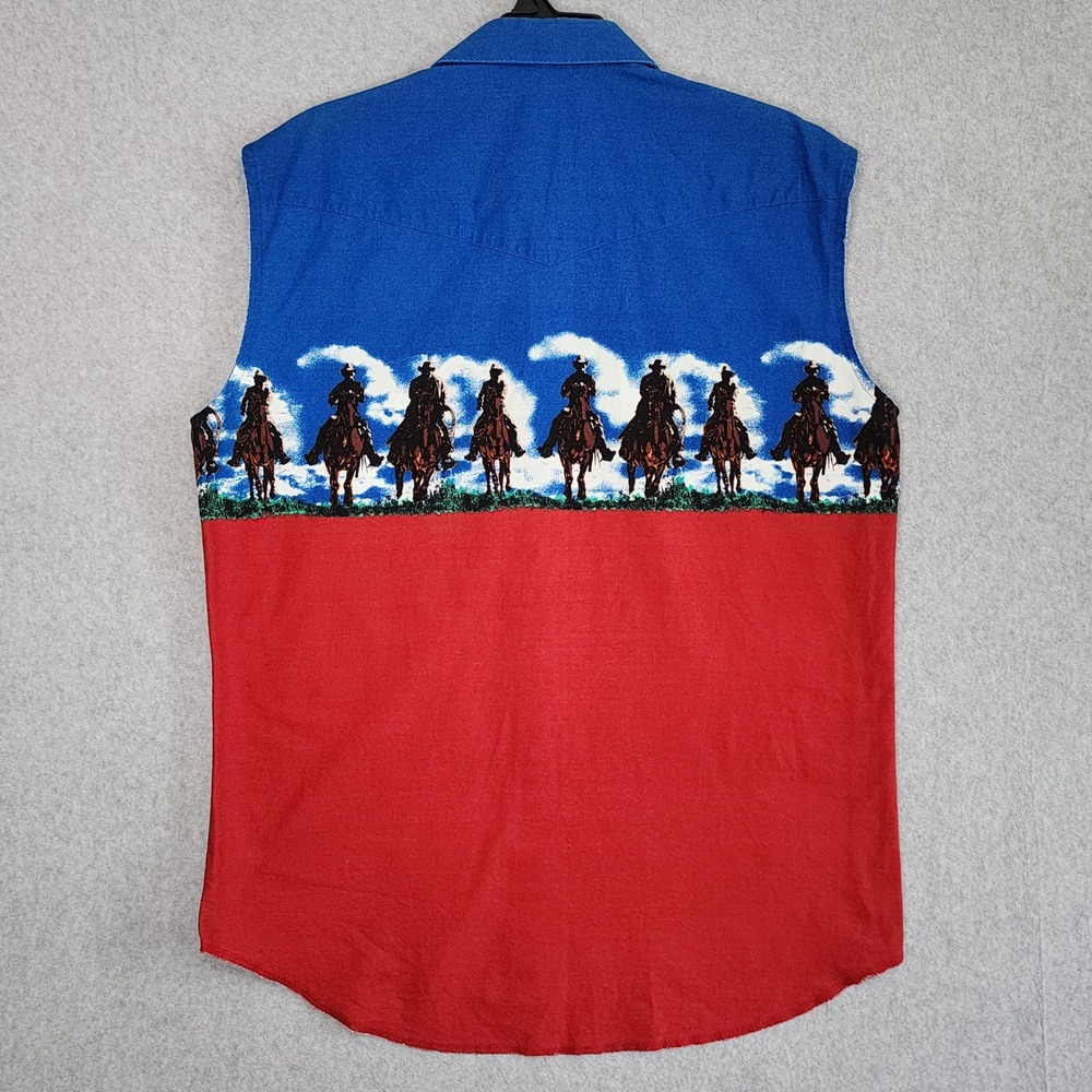 Wrangler Western Shirt Mens XL Red Blue Cowboy Horse Graphic Sleeveless Vintage - Picture 2 of 7
